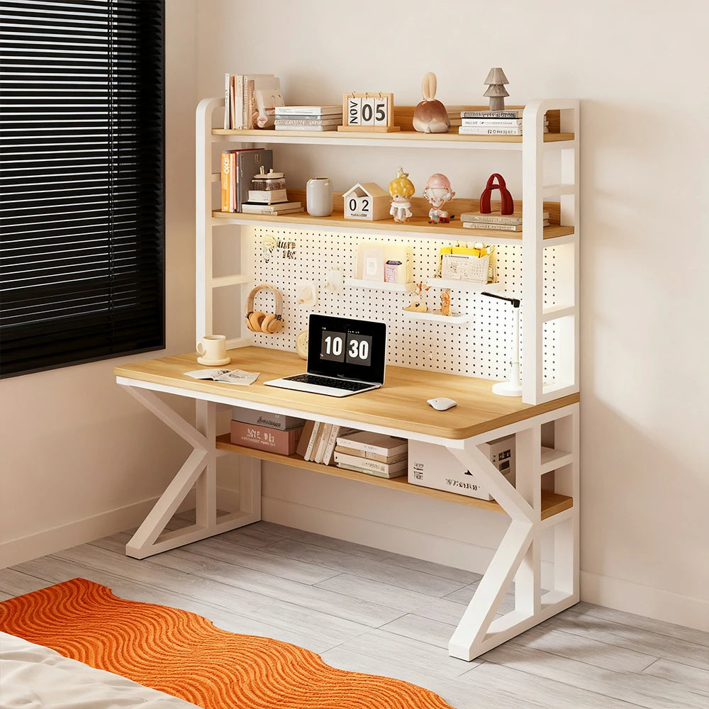 LIVARA Office Desk 100/120/140cm, 2-in-1 Space-Saving Design, Thick Panels, Steel Frame, Pegboard Storage - White and Wood