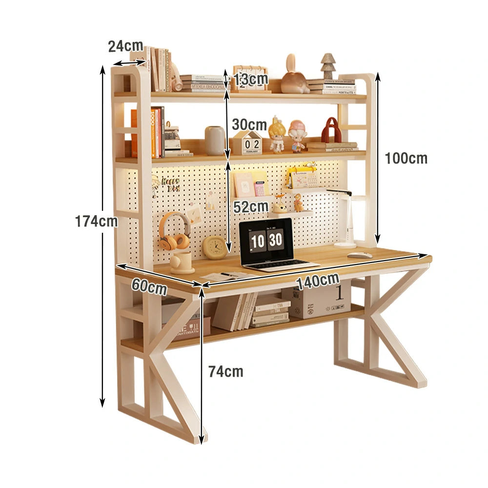 LIVARA Office Desk 100/120/140cm, 2-in-1 Space-Saving Design, Thick Panels, Steel Frame, Pegboard Storage - White and Wood
