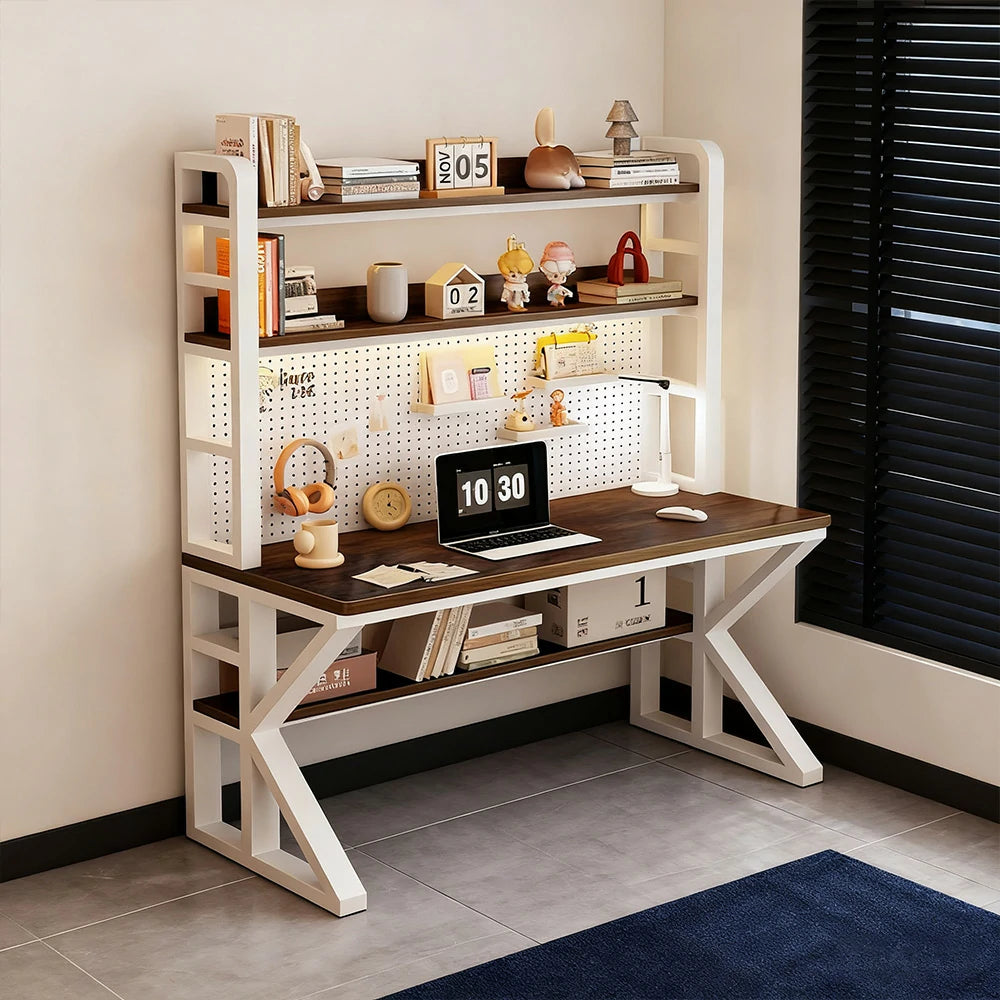 LIVARA Office Desk 100/120/140cm, 2-in-1 Space-Saving Design, Thick Panels, Steel Frame, Pegboard Storage - White and Walunt