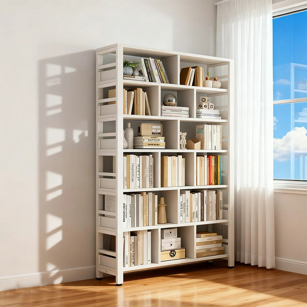 LIVARA 7-Tier Bookshelf 80/110/140cm Space-Saving Storage Rack, Thickened Eco Panels, Reinforced Steel Frame - White