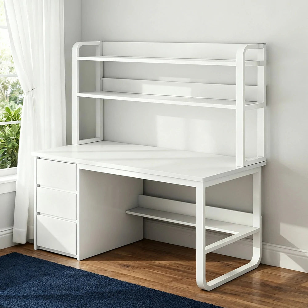 LIVARA Bookshelf Computer Desk 100/120/140cm 2-in-1 Space-Saving Design, Thickened Panels, Steel Frame - White