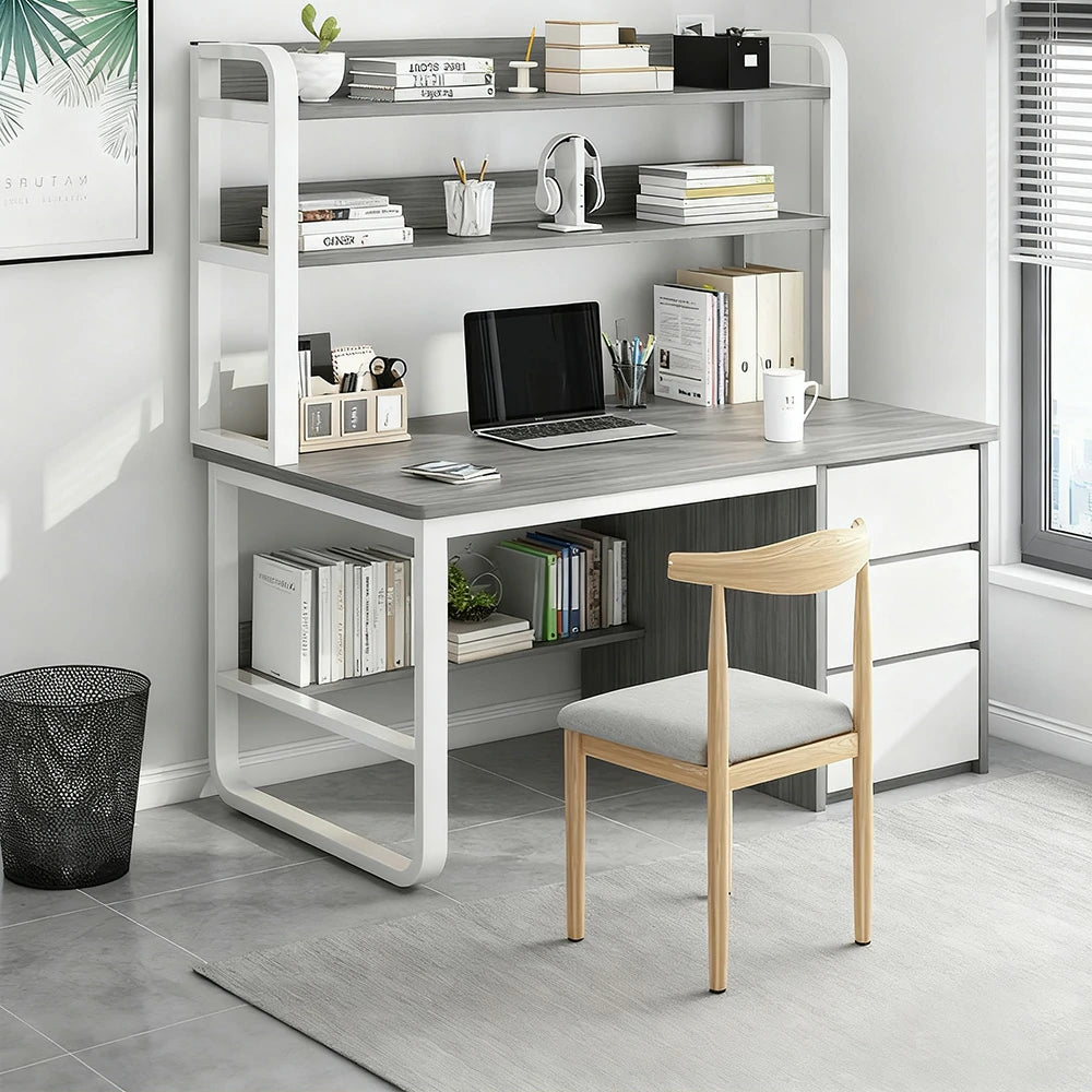 LIVARA Bookshelf Office Desk and Chair Set 100/120/140cm 2-in-1 Space-Saving Design, Thickened Panels, Steel Frame - Grey