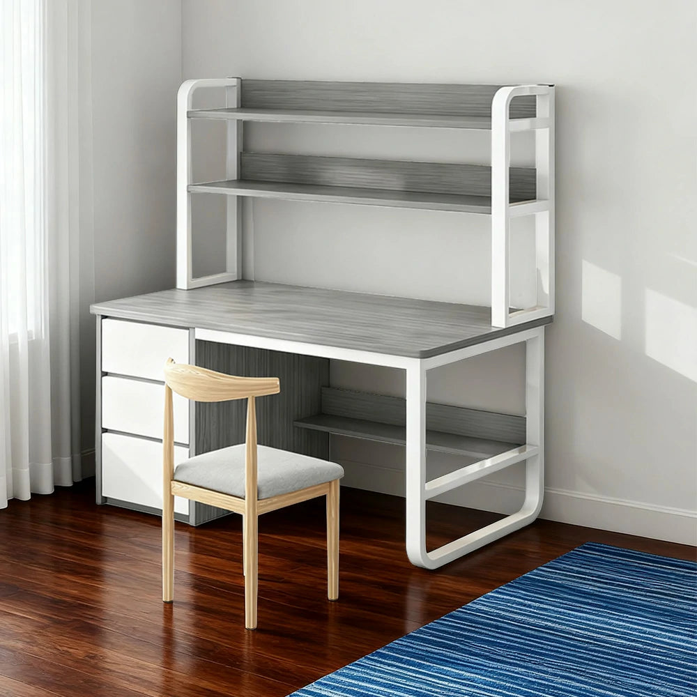 LIVARA Bookshelf Office Desk and Chair Set 100/120/140cm 2-in-1 Space-Saving Design, Thickened Panels, Steel Frame - Grey