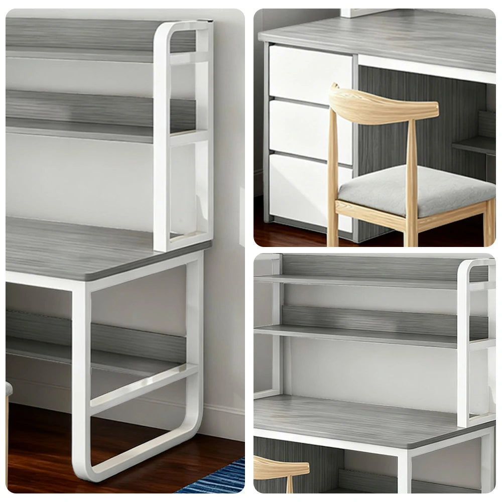 LIVARA Bookshelf Office Desk and Chair Set 100/120/140cm 2-in-1 Space-Saving Design, Thickened Panels, Steel Frame - Grey