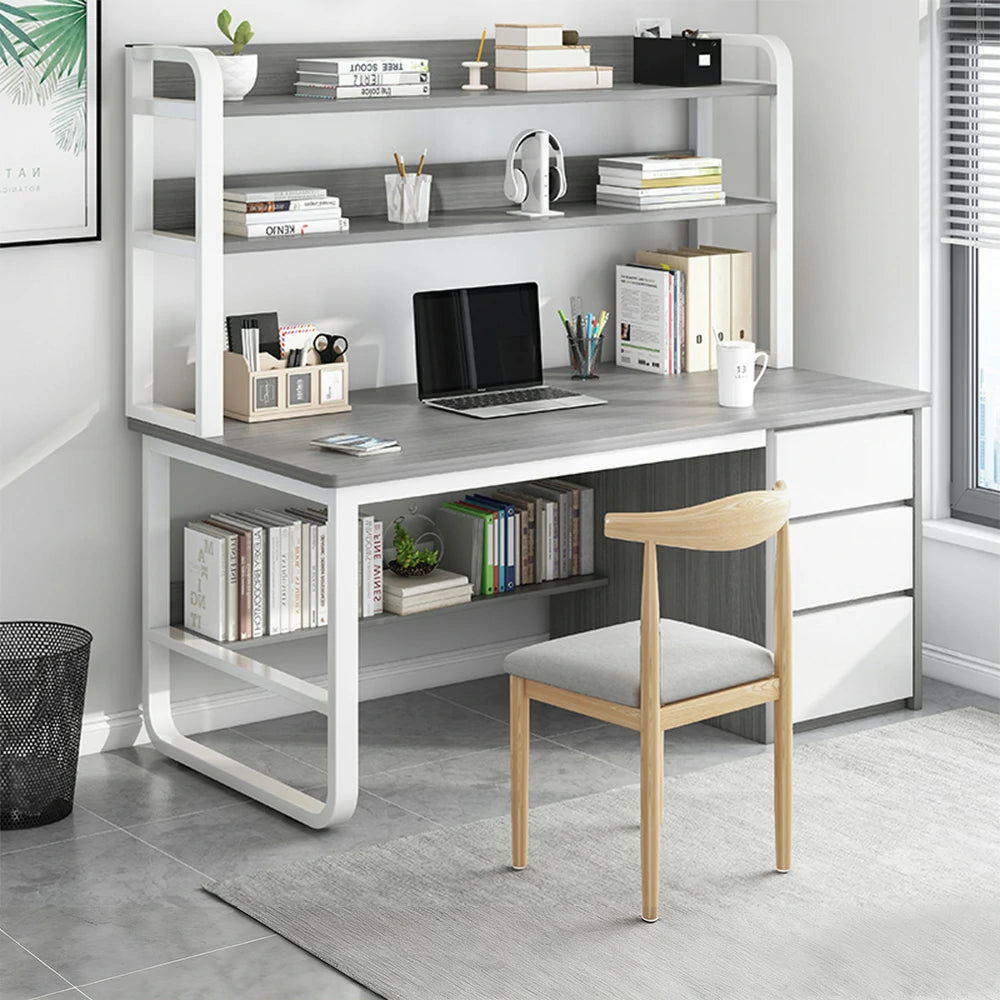 LIVARA Bookshelf Office Desk and Chair Set 100/120/140cm 2-in-1 Space-Saving Design, Thickened Panels, Steel Frame - Grey
