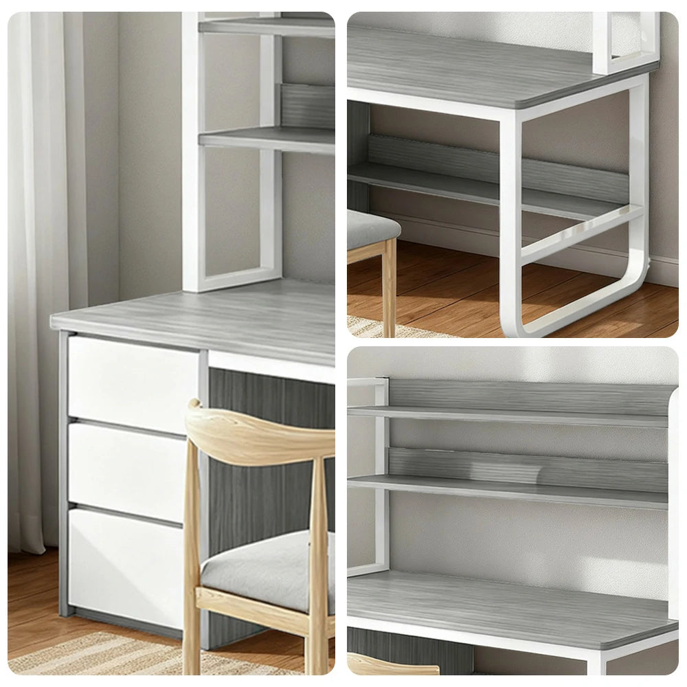 LIVARA Bookshelf Office Desk and Chair Set 100/120/140cm 2-in-1 Space-Saving Design, Thickened Panels, Steel Frame - Grey