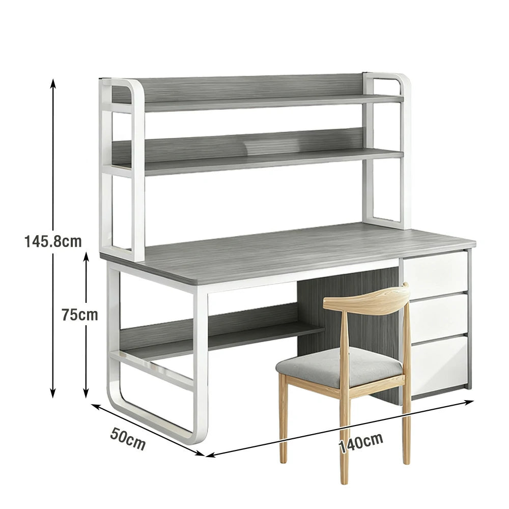 LIVARA Bookshelf Office Desk and Chair Set 100/120/140cm 2-in-1 Space-Saving Design, Thickened Panels, Steel Frame - Grey