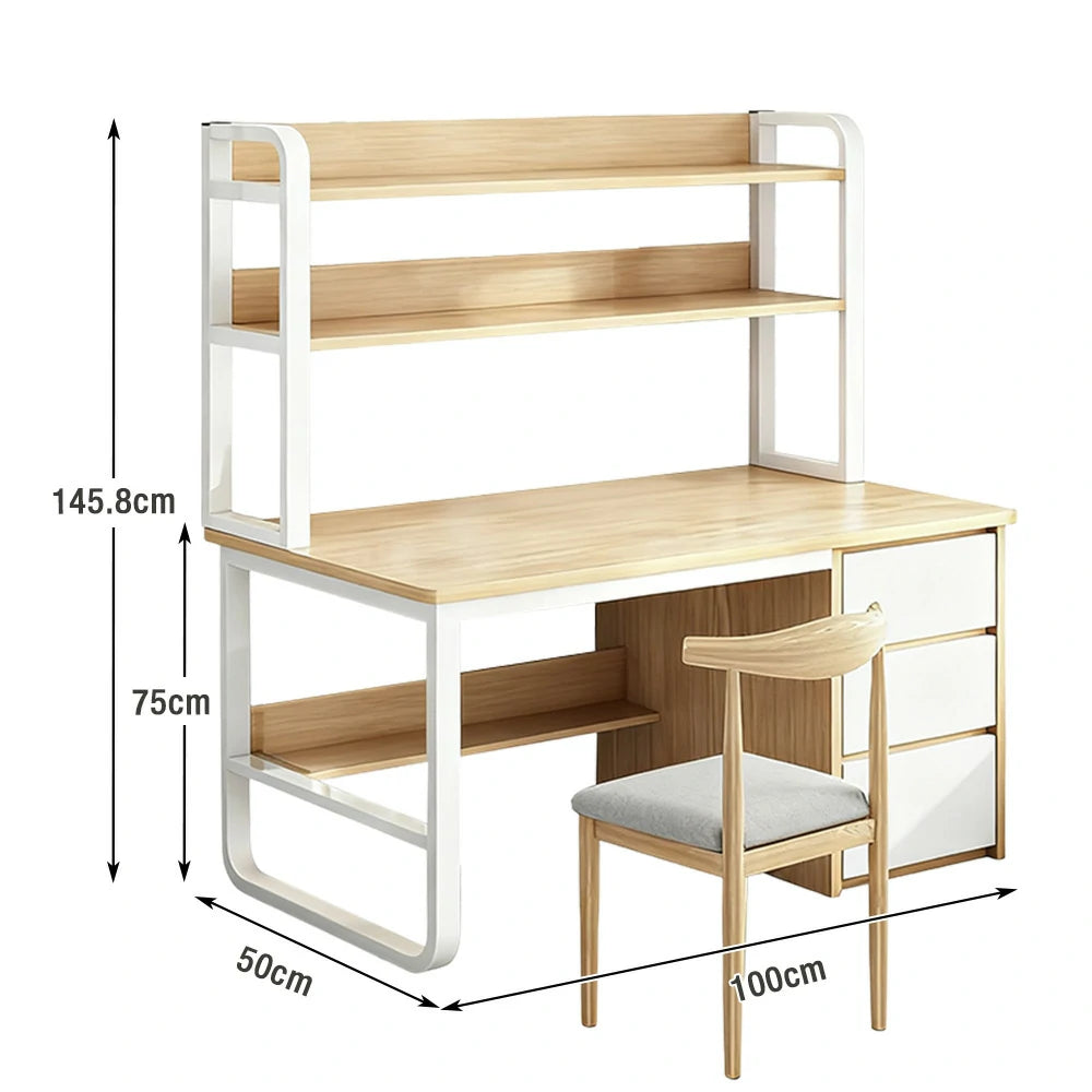 LIVARA Bookshelf Office Desk and Chair Set 100/120/140cm 2-in-1 Space-Saving Design, Thickened Panels, Steel Frame - Wood