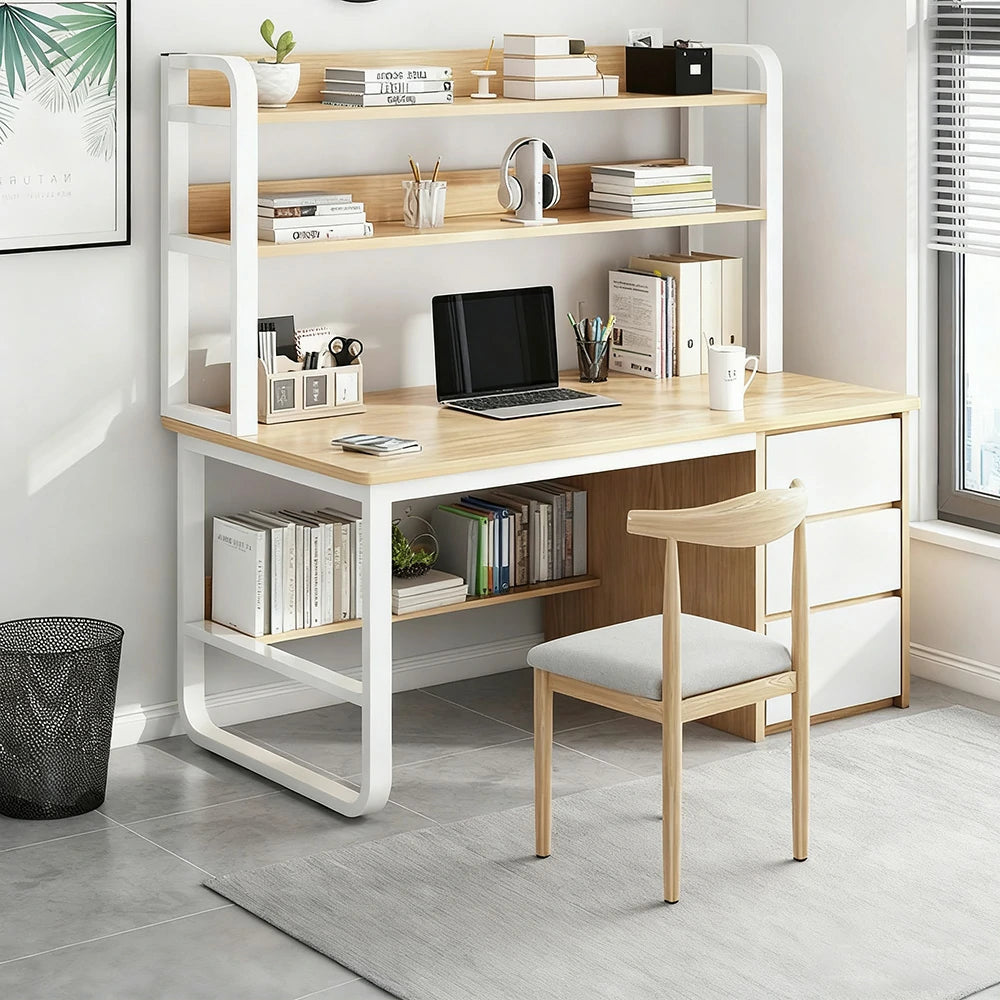 LIVARA Bookshelf Office Desk and Chair Set 100/120/140cm 2-in-1 Space-Saving Design, Thickened Panels, Steel Frame - Wood