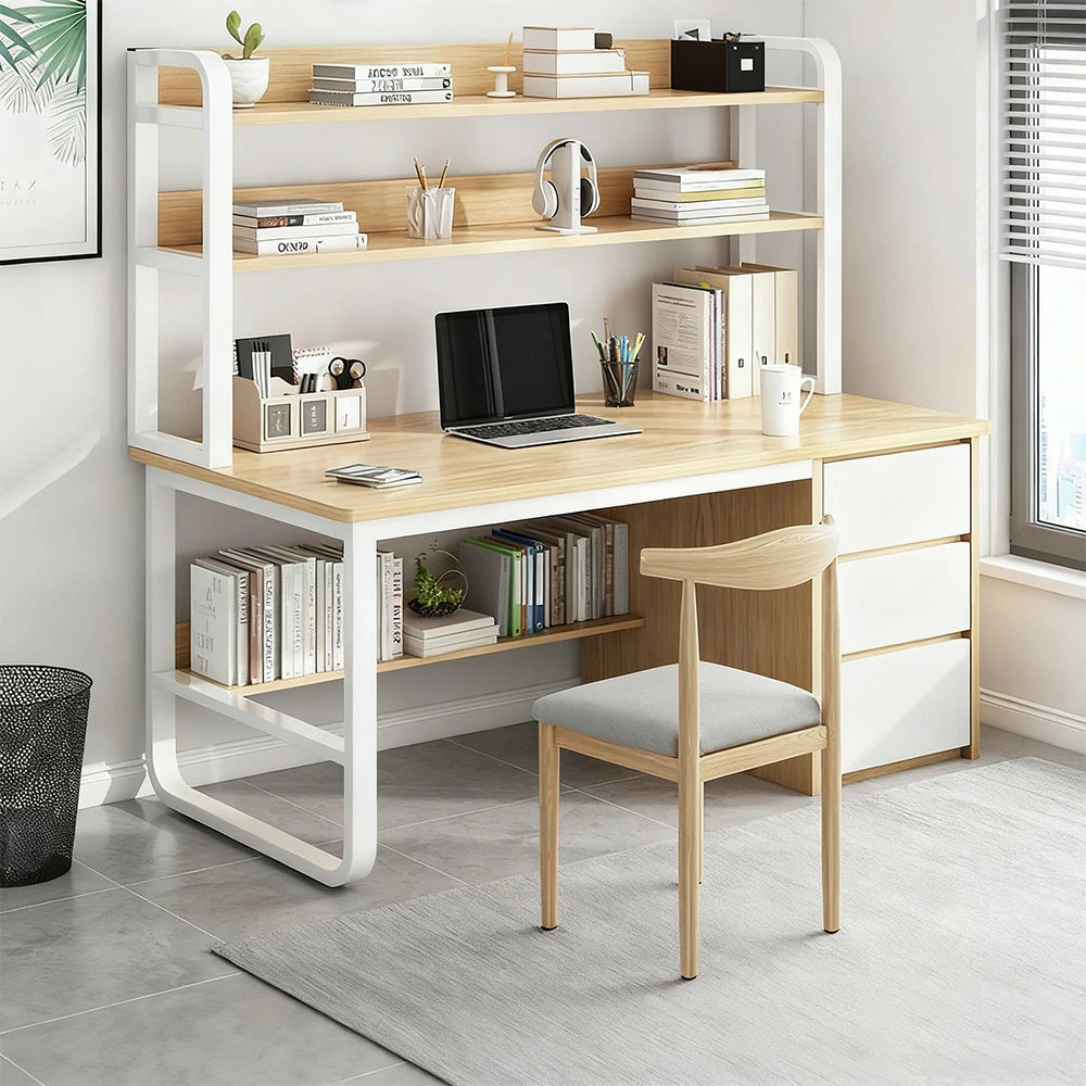 LIVARA Bookshelf Office Desk and Chair Set 100/120/140cm 2-in-1 Space-Saving Design, Thickened Panels, Steel Frame - Wood