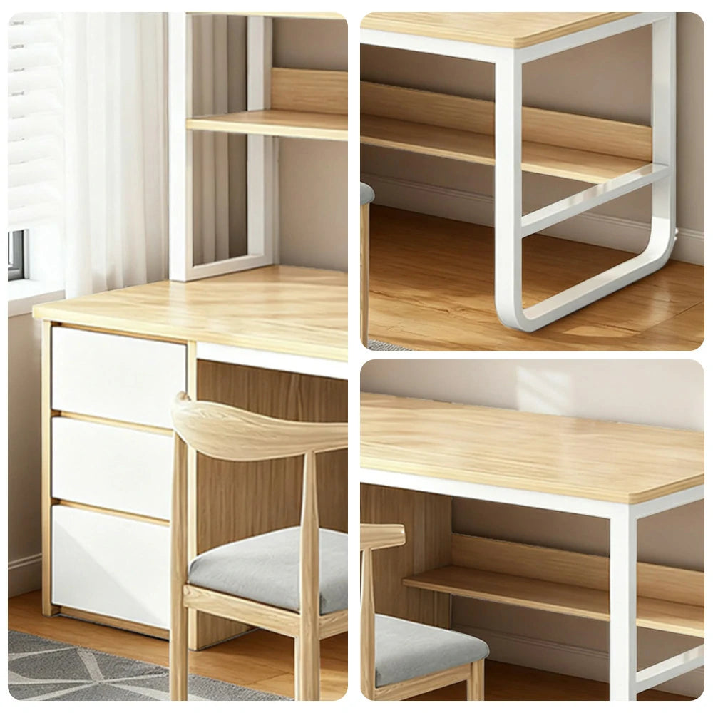 LIVARA Bookshelf Office Desk and Chair Set 100/120/140cm 2-in-1 Space-Saving Design, Thickened Panels, Steel Frame - Wood