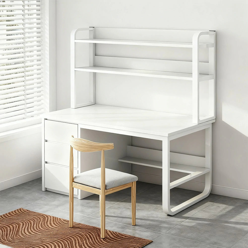 LIVARA Bookshelf Office Desk and Chair Set 100/120/140cm 2-in-1 Space-Saving Design, Thickened Panels, Steel Frame - White