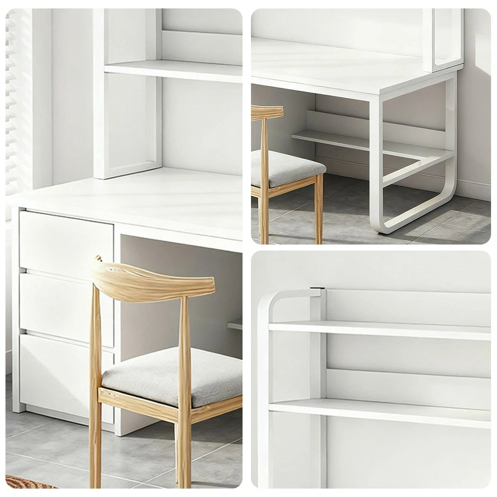 LIVARA Bookshelf Office Desk and Chair Set 100/120/140cm 2-in-1 Space-Saving Design, Thickened Panels, Steel Frame - White