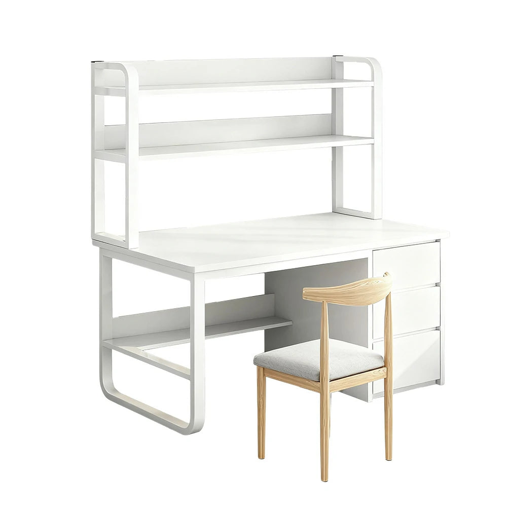 LIVARA Bookshelf Office Desk and Chair Set 100/120/140cm 2-in-1 Space-Saving Design, Thickened Panels, Steel Frame - White