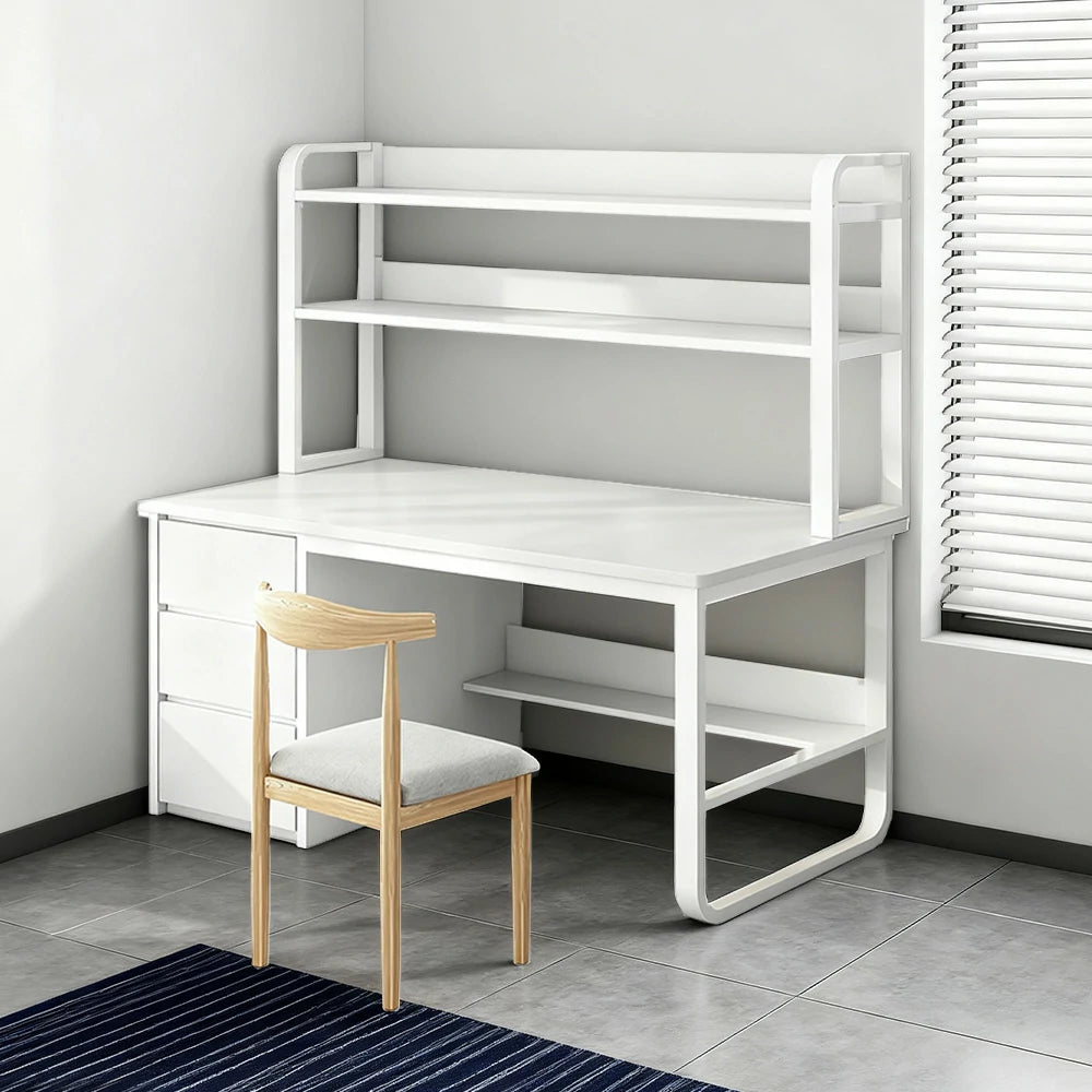 LIVARA Bookshelf Office Desk and Chair Set 100/120/140cm 2-in-1 Space-Saving Design, Thickened Panels, Steel Frame - White