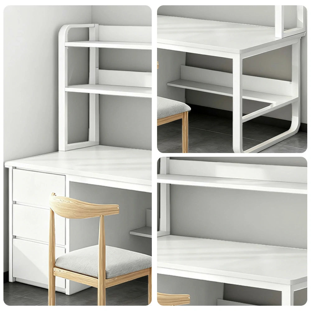 LIVARA Bookshelf Office Desk and Chair Set 100/120/140cm 2-in-1 Space-Saving Design, Thickened Panels, Steel Frame - White