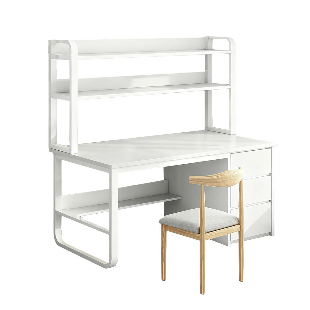 LIVARA Bookshelf Office Desk and Chair Set 100/120/140cm 2-in-1 Space-Saving Design, Thickened Panels, Steel Frame - White