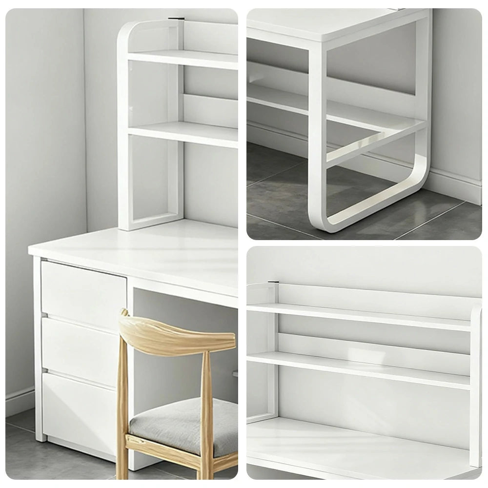 LIVARA Bookshelf Office Desk and Chair Set 100/120/140cm 2-in-1 Space-Saving Design, Thickened Panels, Steel Frame - White