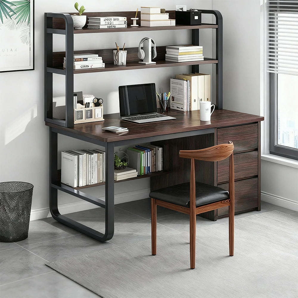 LIVARA Bookshelf Office Desk and Chair Set 100/120/140cm 2-in-1 Space-Saving Design, Thickened Panels, Steel Frame - Walunt