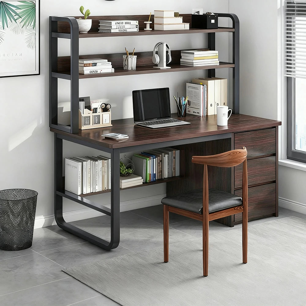 LIVARA Bookshelf Office Desk and Chair Set 100/120/140cm 2-in-1 Space-Saving Design, Thickened Panels, Steel Frame - Walunt