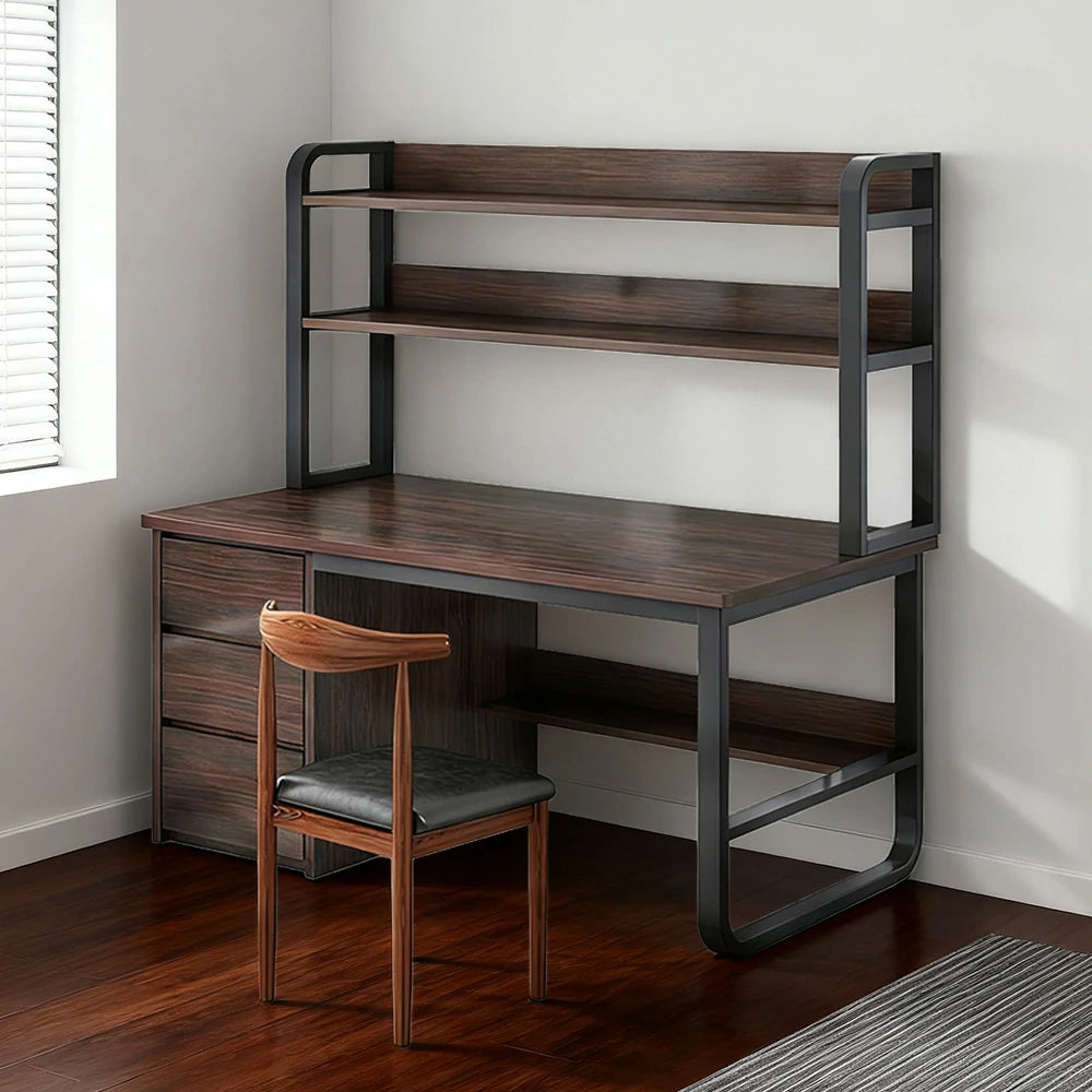 LIVARA Bookshelf Office Desk and Chair Set 100/120/140cm 2-in-1 Space-Saving Design, Thickened Panels, Steel Frame - Walunt