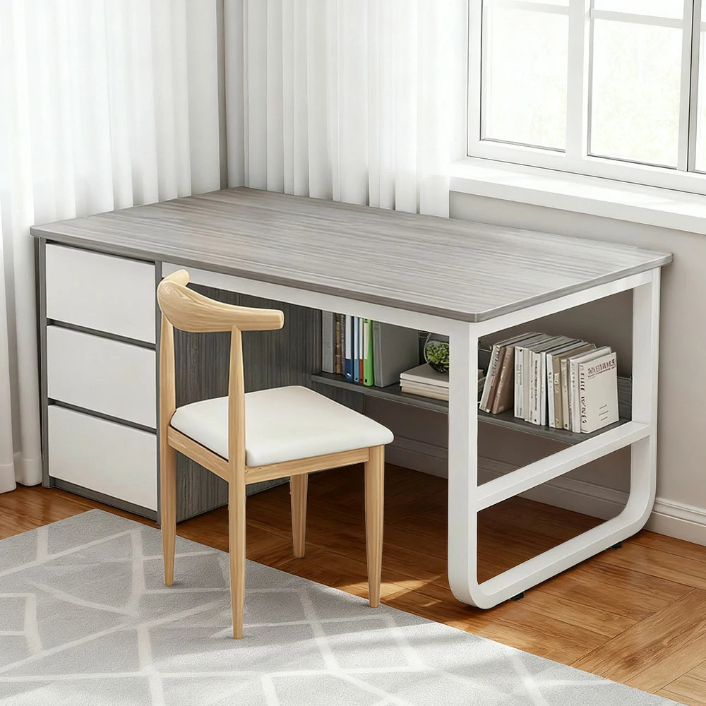 LIVARA Office Desk and Chair Set 100/120/140cm Space-Saving Design, Thickened Panels, Stable U-Legs, Rounded Edge - Grey