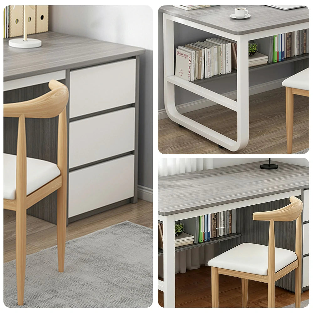 LIVARA Office Desk and Chair Set 100/120/140cm Space-Saving Design, Thickened Panels, Stable U-Legs, Rounded Edge - Grey