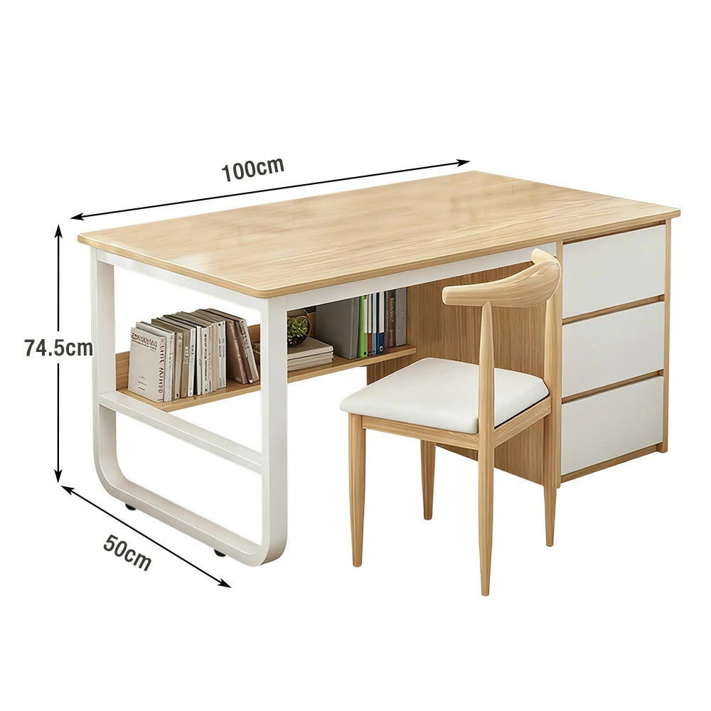 LIVARA Office Desk and Chair Set 100/120/140cm Space-Saving Design, Thickened Panels, Stable U-Legs, Rounded Edge - Wood