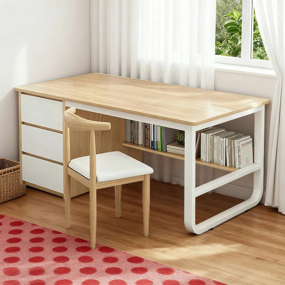 LIVARA Office Desk and Chair Set 100/120/140cm Space-Saving Design, Thickened Panels, Stable U-Legs, Rounded Edge - Wood