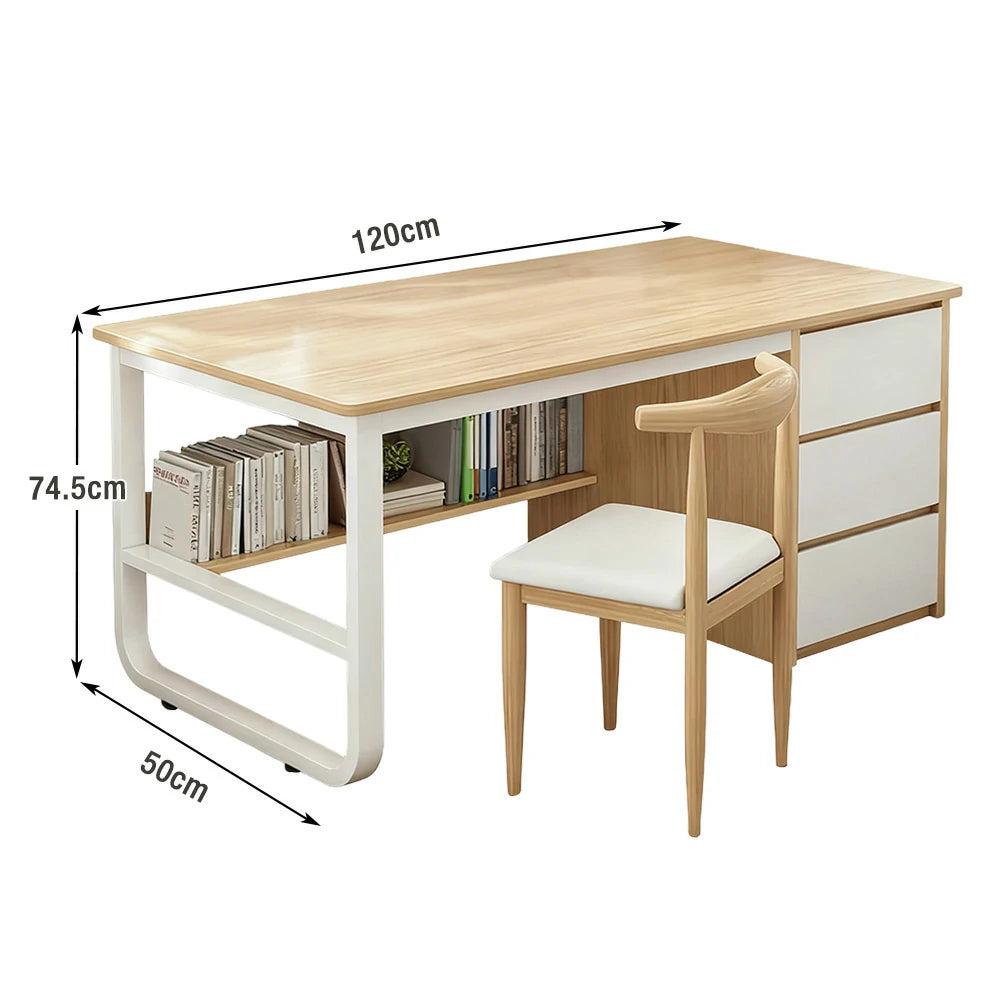 LIVARA Office Desk and Chair Set 100/120/140cm Space-Saving Design, Thickened Panels, Stable U-Legs, Rounded Edge - Wood