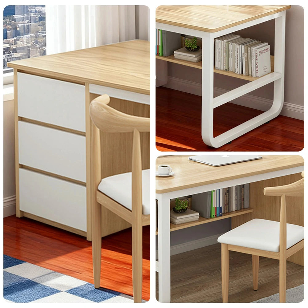 LIVARA Office Desk and Chair Set 100/120/140cm Space-Saving Design, Thickened Panels, Stable U-Legs, Rounded Edge - Wood