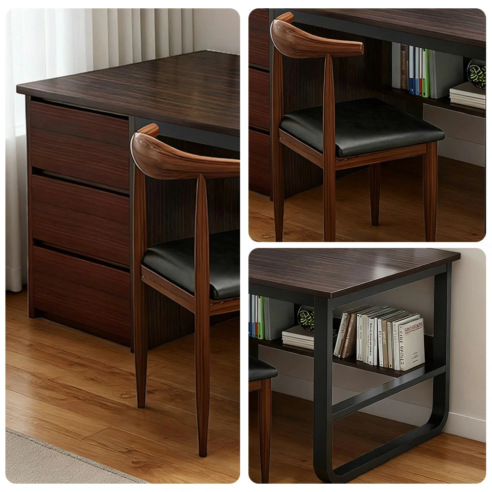 LIVARA Office Desk and Chair Set 100/120/140cm Space-Saving Design, Thickened Panels, Stable U-Legs, Rounded Edge - Walnut