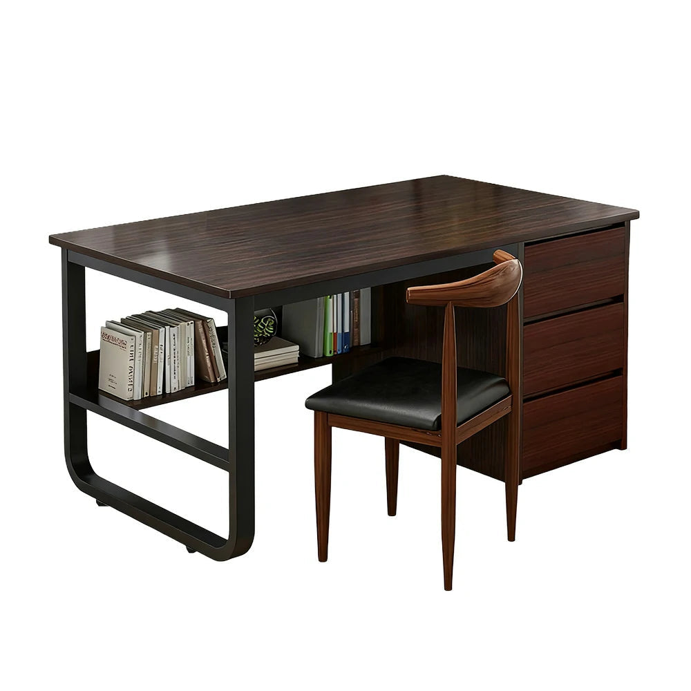 LIVARA Office Desk and Chair Set 100/120/140cm Space-Saving Design, Thickened Panels, Stable U-Legs, Rounded Edge - Walnut