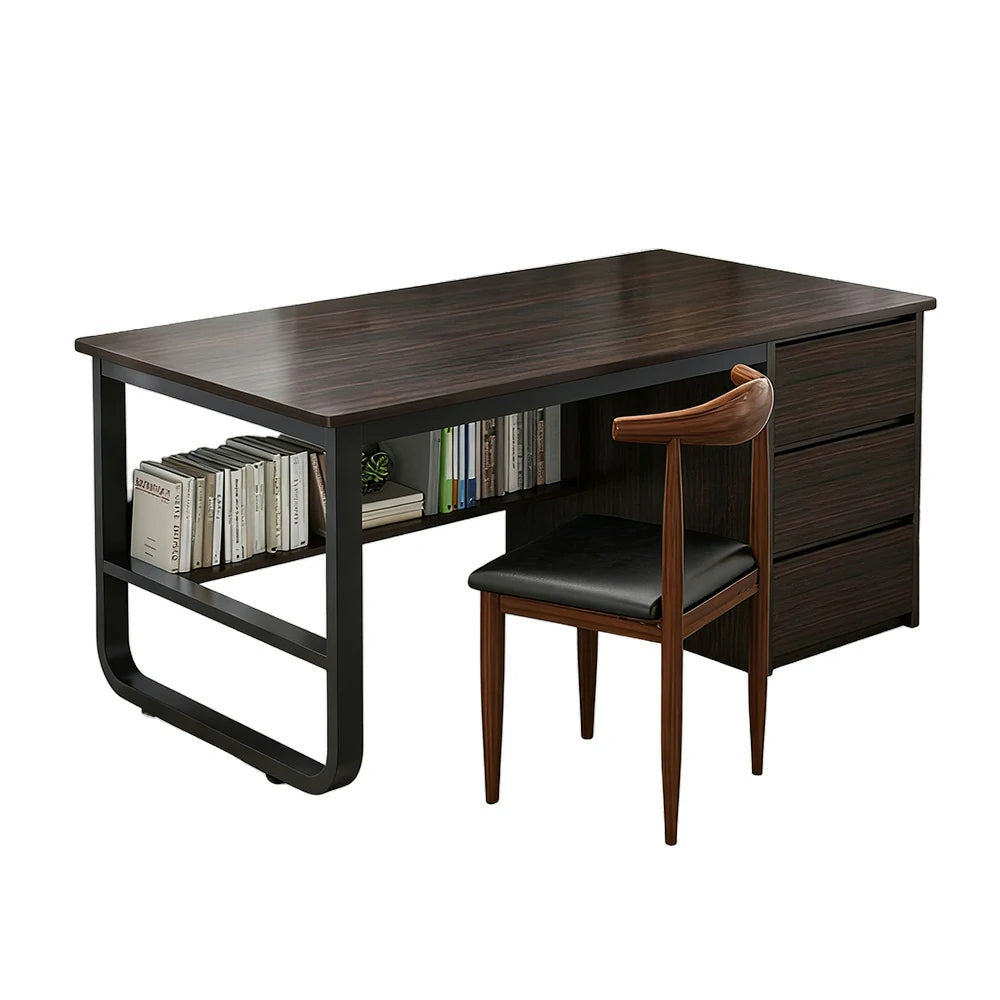 LIVARA Office Desk and Chair Set 100/120/140cm Space-Saving Design, Thickened Panels, Stable U-Legs, Rounded Edge - Walnut