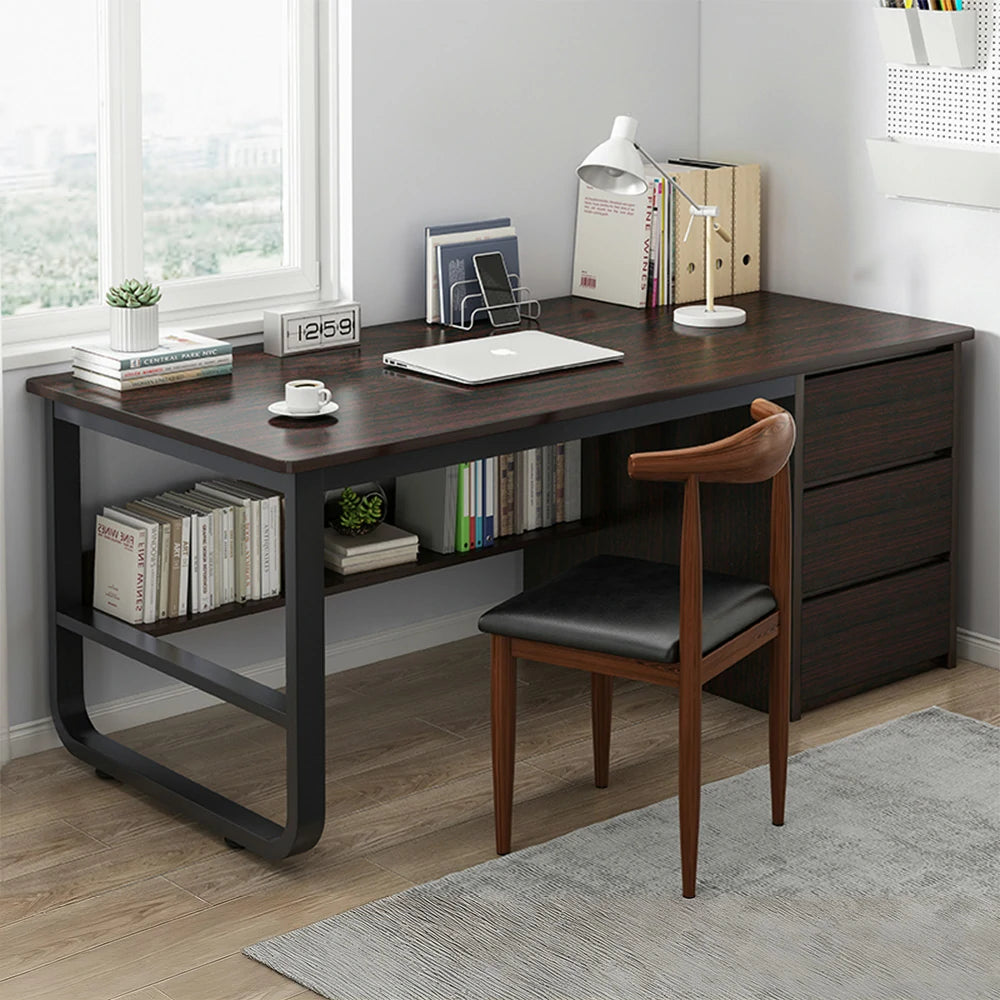 LIVARA Office Desk and Chair Set 100/120/140cm Space-Saving Design, Thickened Panels, Stable U-Legs, Rounded Edge - Walnut