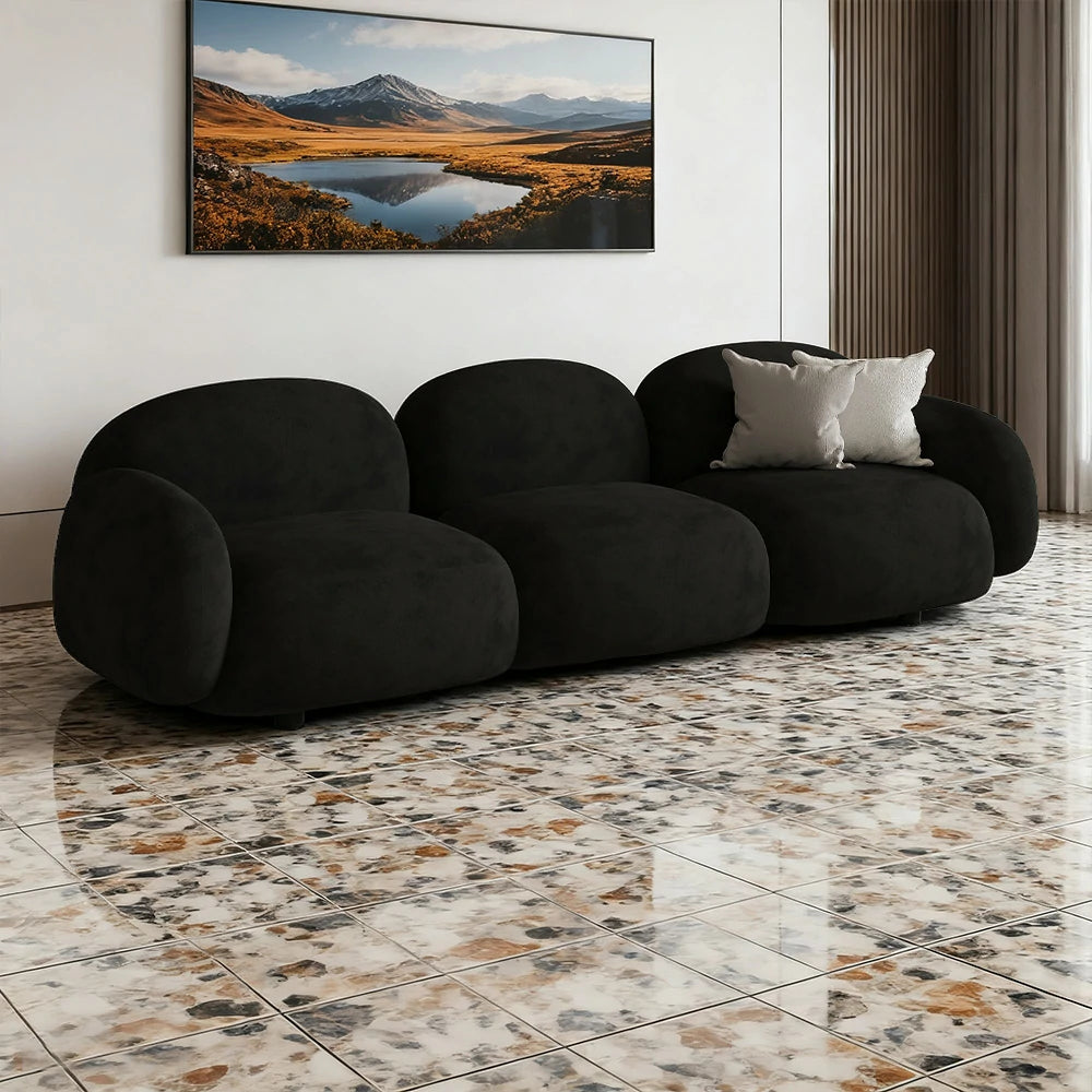 LIVARA 85/145/205cm Sofa Lamb Fleece Upholstered, Ergonomic Curved Design, High-Density Sponge, Soft Touch, Durable Comfort - Black