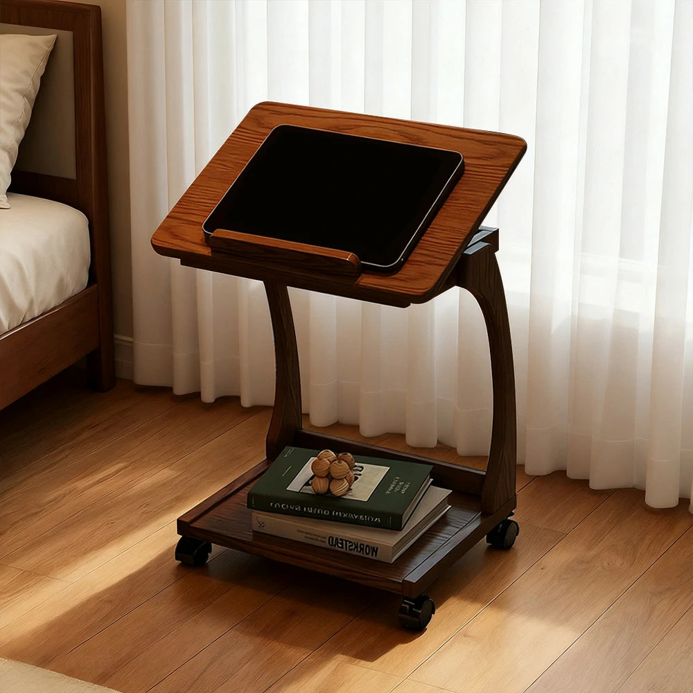 LIVARA 40cm Flip-Top C-Shaped Side Table, Solid Rubberwood Frame, Adjustable Angles, Multi-Tier Storage, Lockable Wheels, iPad & Laptop Holder - Brown