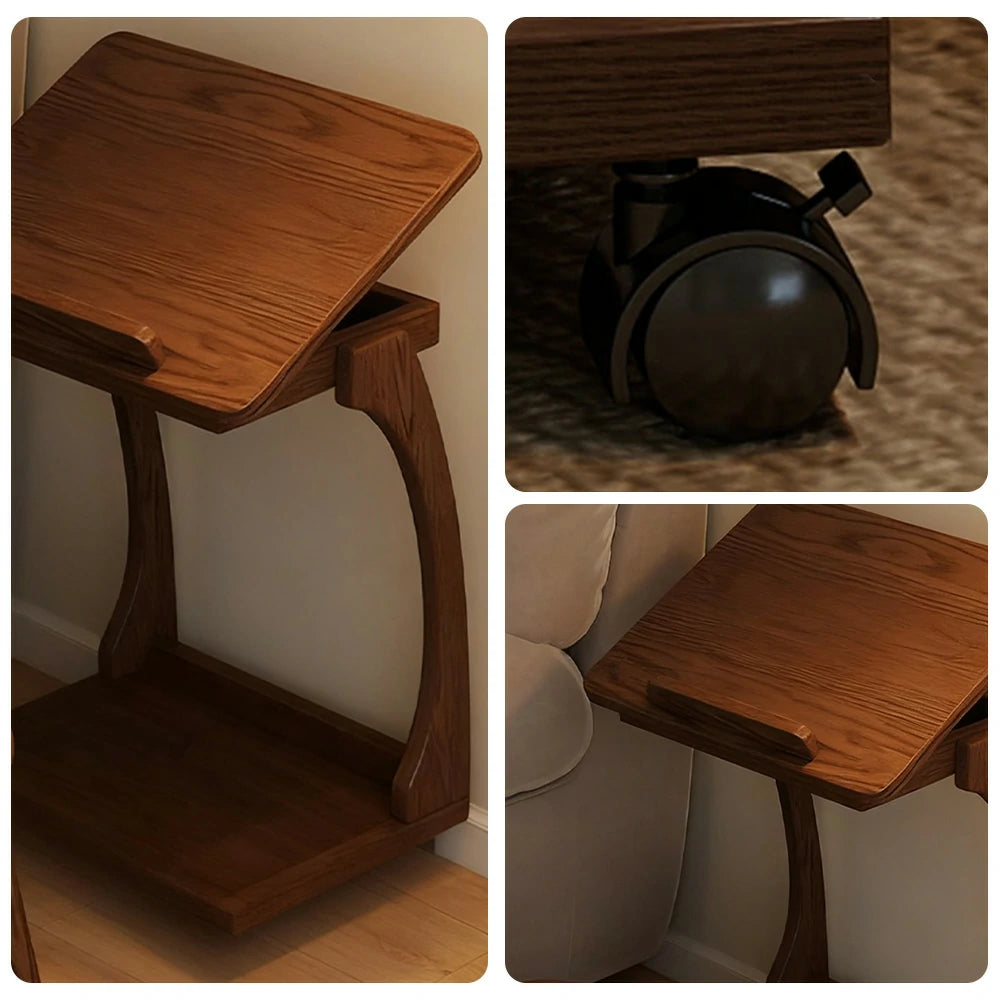 LIVARA 40cm Flip-Top C-Shaped Side Table, Solid Rubberwood Frame, Adjustable Angles, Multi-Tier Storage, Lockable Wheels, iPad & Laptop Holder - Brown