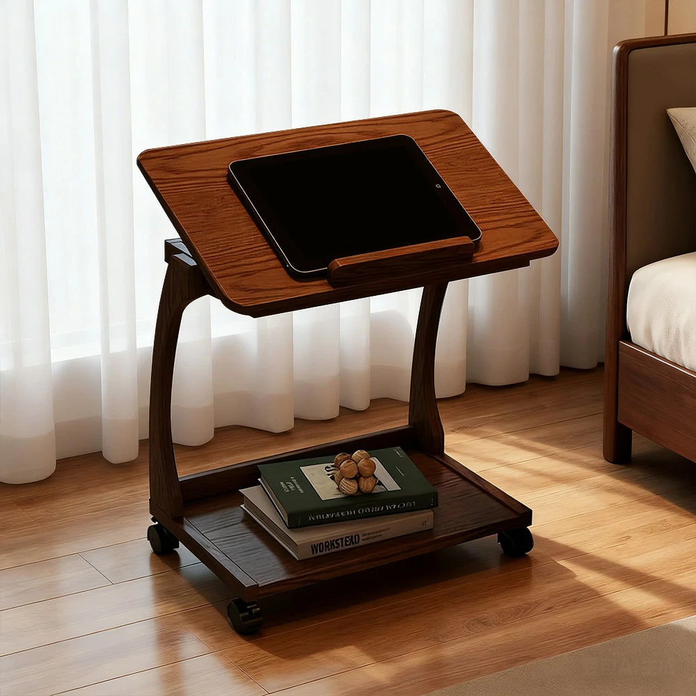 LIVARA 40cm Flip-Top C-Shaped Side Table, Solid Rubberwood Frame, Adjustable Angles, Multi-Tier Storage, Lockable Wheels, iPad & Laptop Holder - Brown