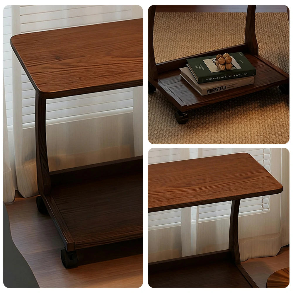 LIVARA 40cm Flip-Top C-Shaped Side Table, Solid Rubberwood Frame, Adjustable Angles, Multi-Tier Storage, Lockable Wheels, iPad & Laptop Holder - Brown