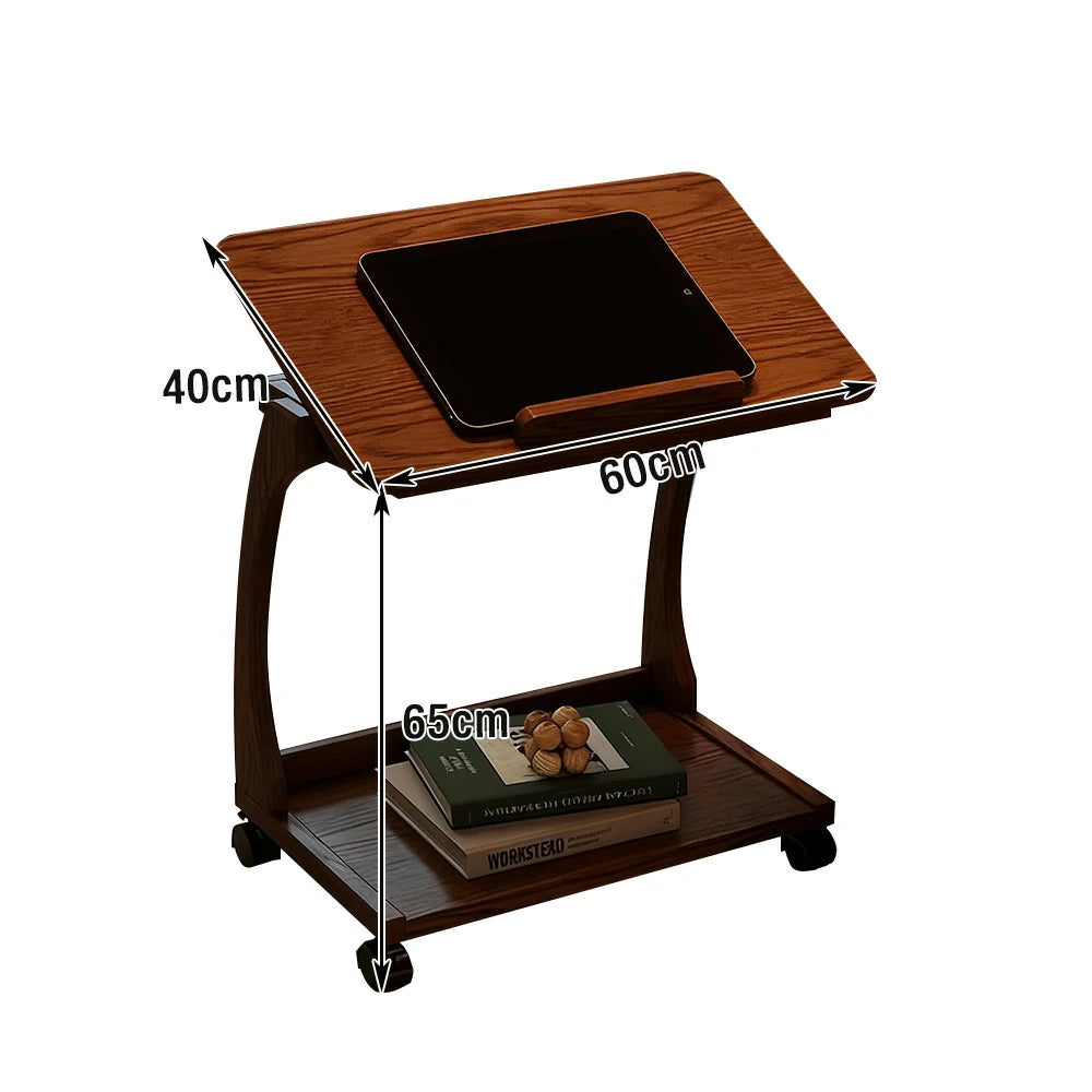 LIVARA 40cm Flip-Top C-Shaped Side Table, Solid Rubberwood Frame, Adjustable Angles, Multi-Tier Storage, Lockable Wheels, iPad & Laptop Holder - Brown