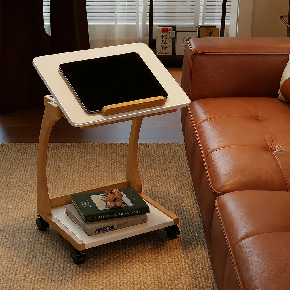 LIVARA 40cm Flip-Top C-Shaped Side Table, Solid Rubberwood Frame, Adjustable Angles, Multi-Tier Storage, Lockable Wheels, iPad & Laptop Holder - Walnut