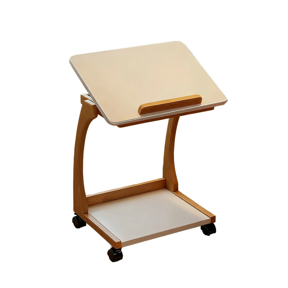 LIVARA 40cm Flip-Top C-Shaped Side Table, Solid Rubberwood Frame, Adjustable Angles, Multi-Tier Storage, Lockable Wheels, iPad & Laptop Holder - Walnut