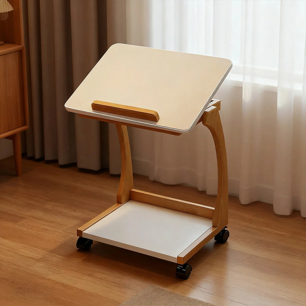 LIVARA 40cm Flip-Top C-Shaped Side Table, Solid Rubberwood Frame, Adjustable Angles, Multi-Tier Storage, Lockable Wheels, iPad & Laptop Holder - Walnut