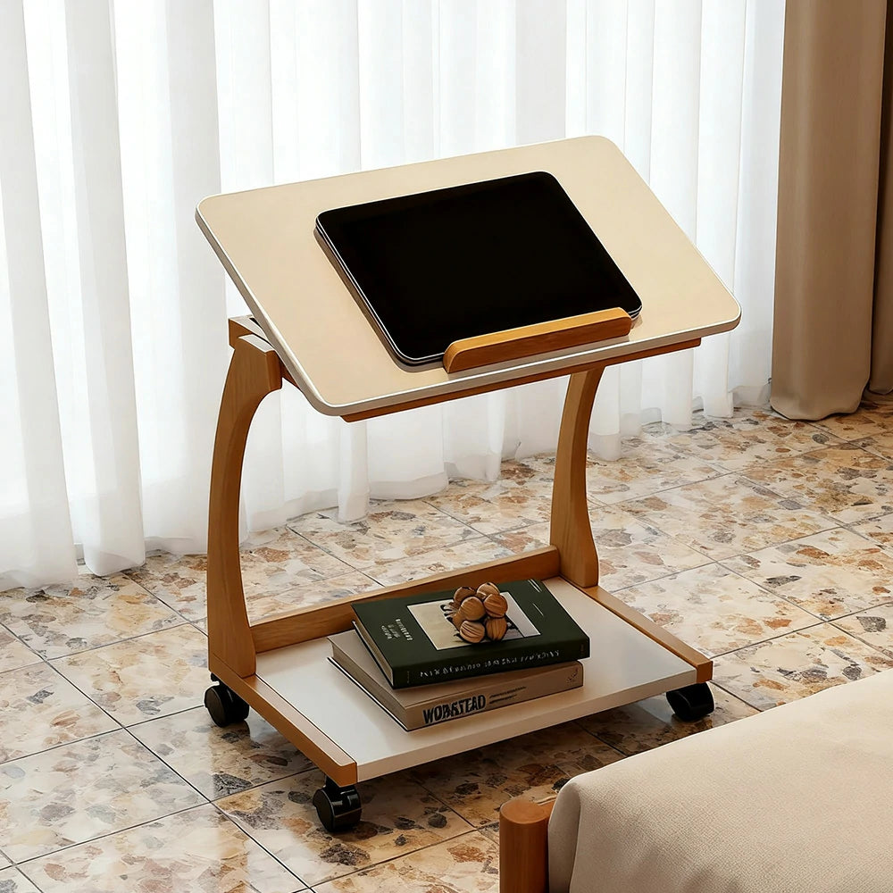 LIVARA 40cm Flip-Top C-Shaped Side Table, Solid Rubberwood Frame, Adjustable Angles, Multi-Tier Storage, Lockable Wheels, iPad & Laptop Holder - Walnut