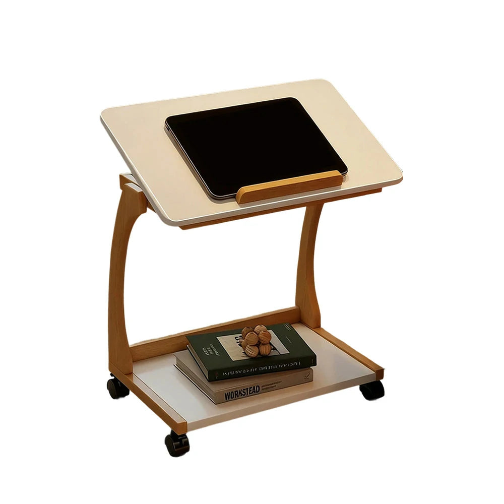 LIVARA 40cm Flip-Top C-Shaped Side Table, Solid Rubberwood Frame, Adjustable Angles, Multi-Tier Storage, Lockable Wheels, iPad & Laptop Holder - Walnut