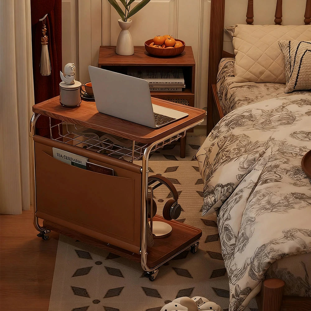 LIVARA 60cm Bedside Coffee Table, C-Shaped Computer Desk with Plated Metal Base & Wood Grain Top, Multi-Tier Storage, Side Pocket, Lockable Wheels - Brown