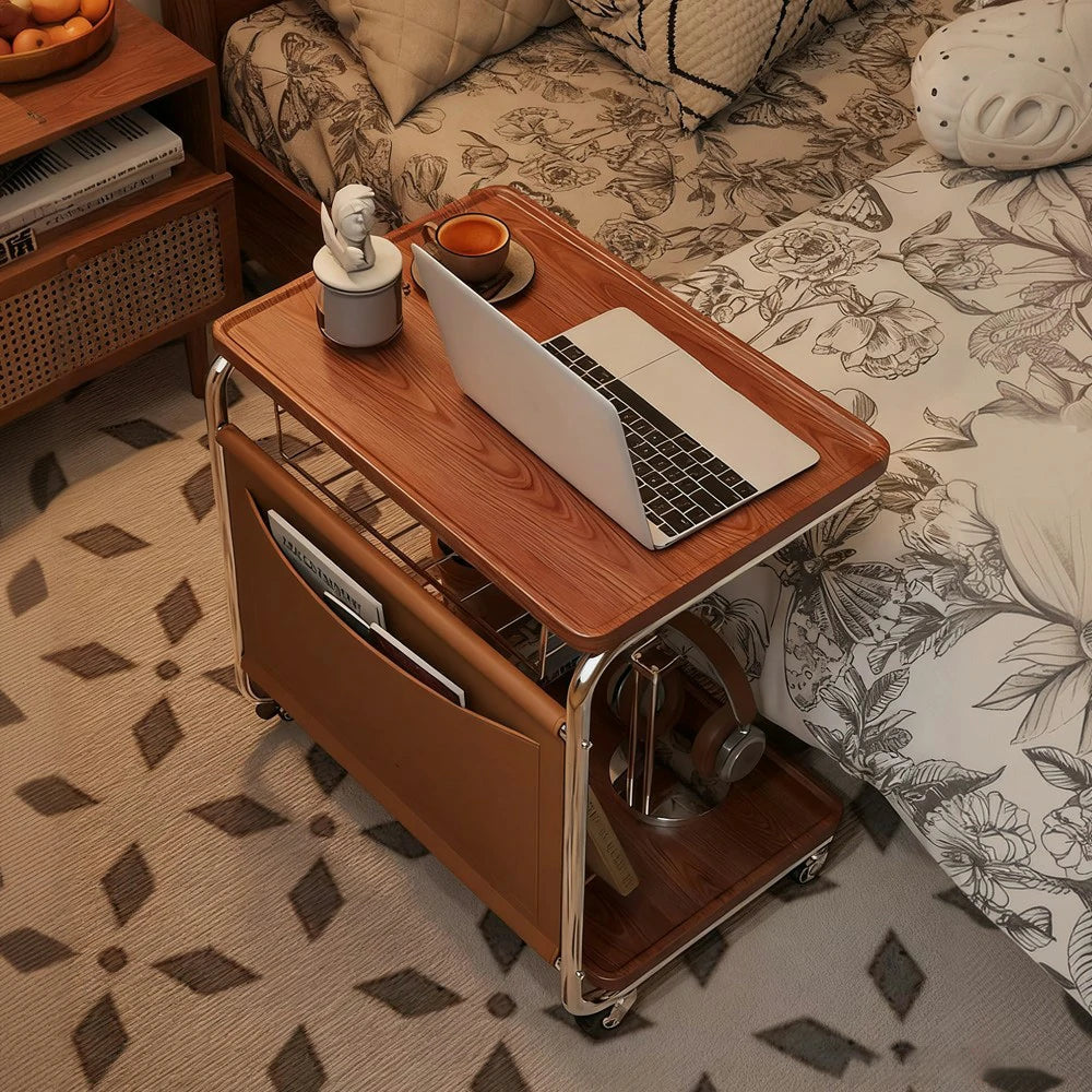 LIVARA 60cm Bedside Coffee Table, C-Shaped Computer Desk with Plated Metal Base & Wood Grain Top, Multi-Tier Storage, Side Pocket, Lockable Wheels - Brown