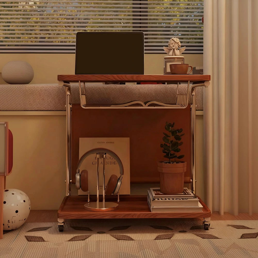 LIVARA 60cm Bedside Coffee Table, C-Shaped Computer Desk with Plated Metal Base & Wood Grain Top, Multi-Tier Storage, Side Pocket, Lockable Wheels - Brown