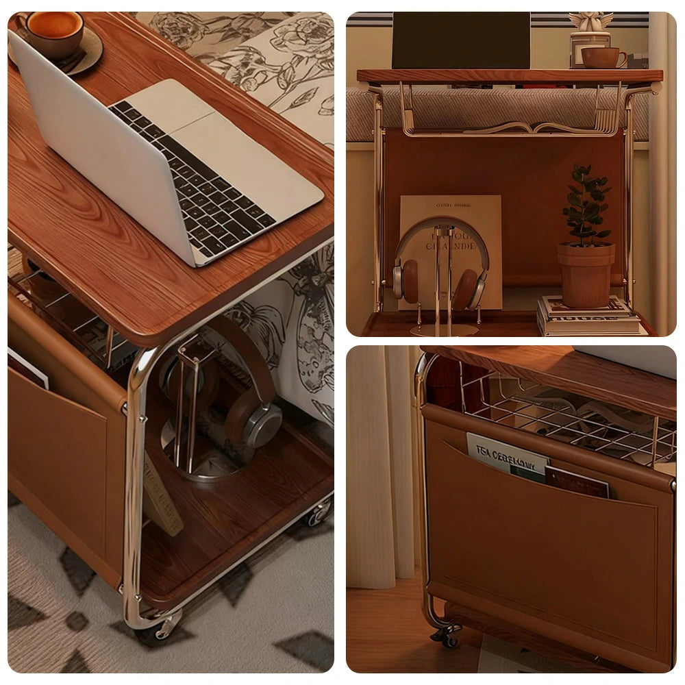 LIVARA 60cm Bedside Coffee Table, C-Shaped Computer Desk with Plated Metal Base & Wood Grain Top, Multi-Tier Storage, Side Pocket, Lockable Wheels - Brown
